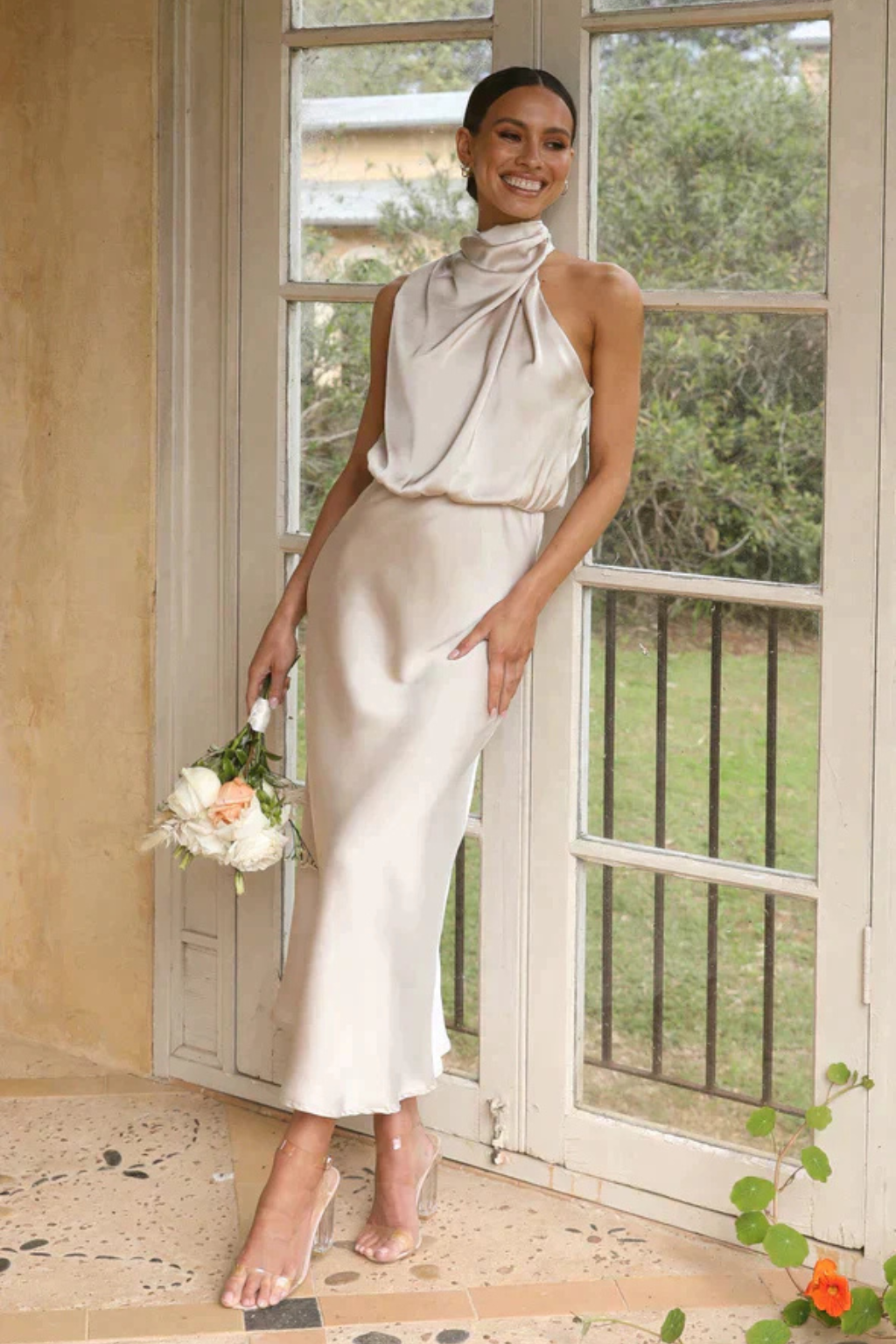 Halter Neck Satin Midi Dress for Women | Elegant Wedding Guest Attire