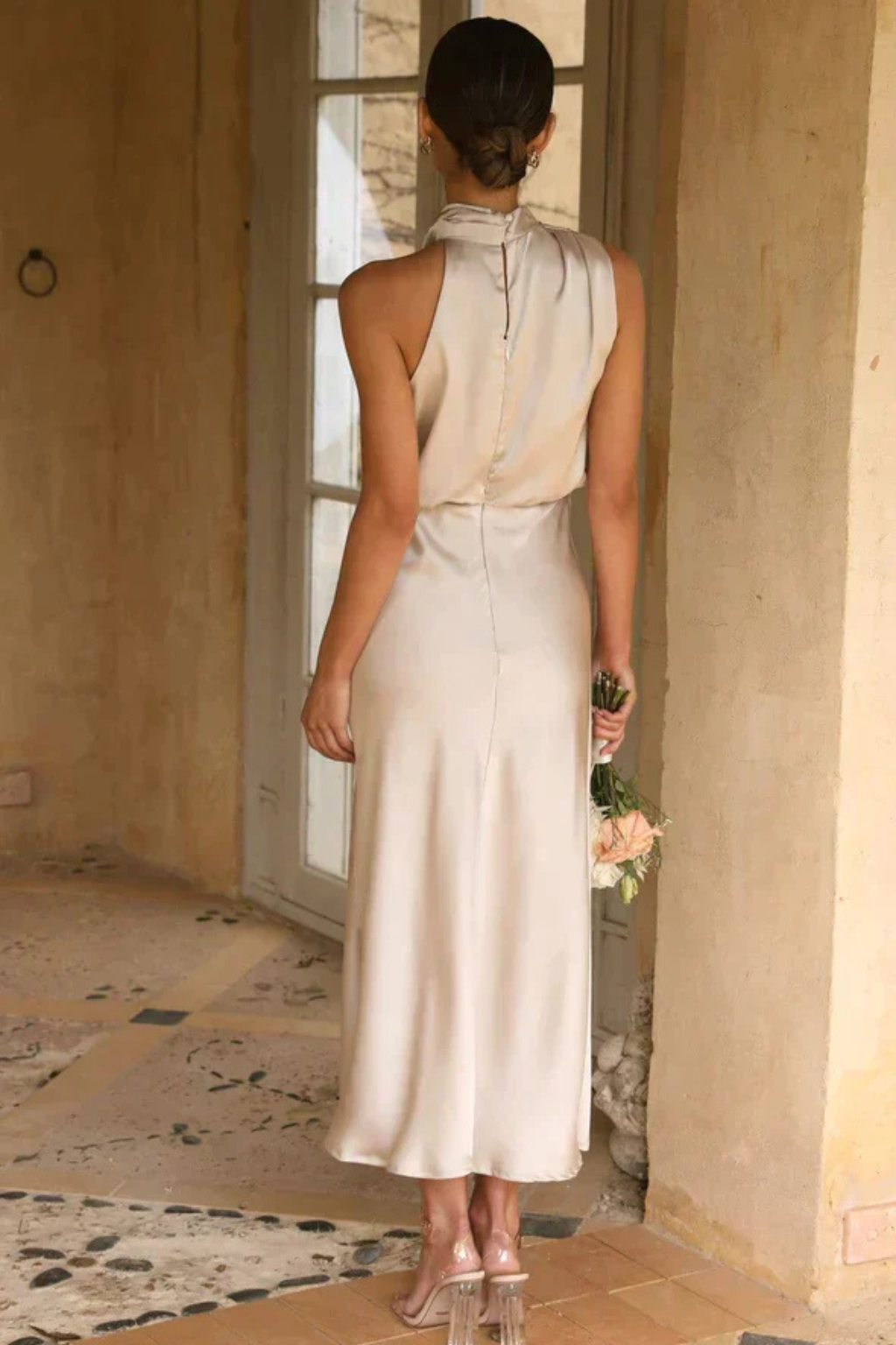 Halter Neck Satin Midi Dress for Women | Elegant Wedding Guest Attire