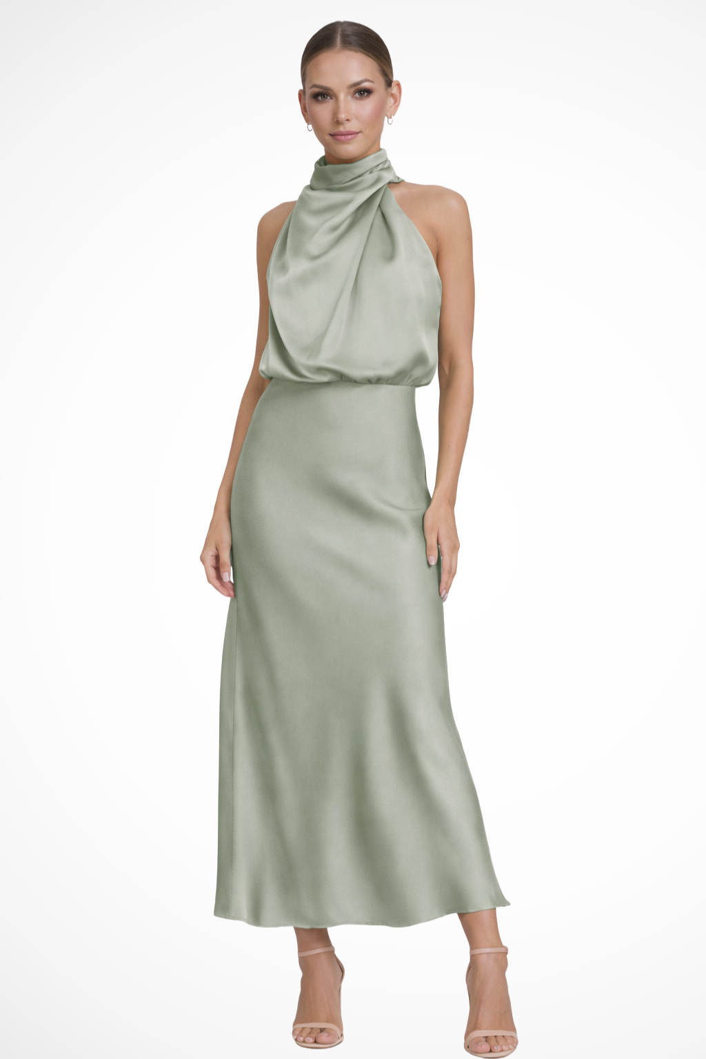 Halter Neck Satin Midi Dress for Women | Elegant Wedding Guest Attire