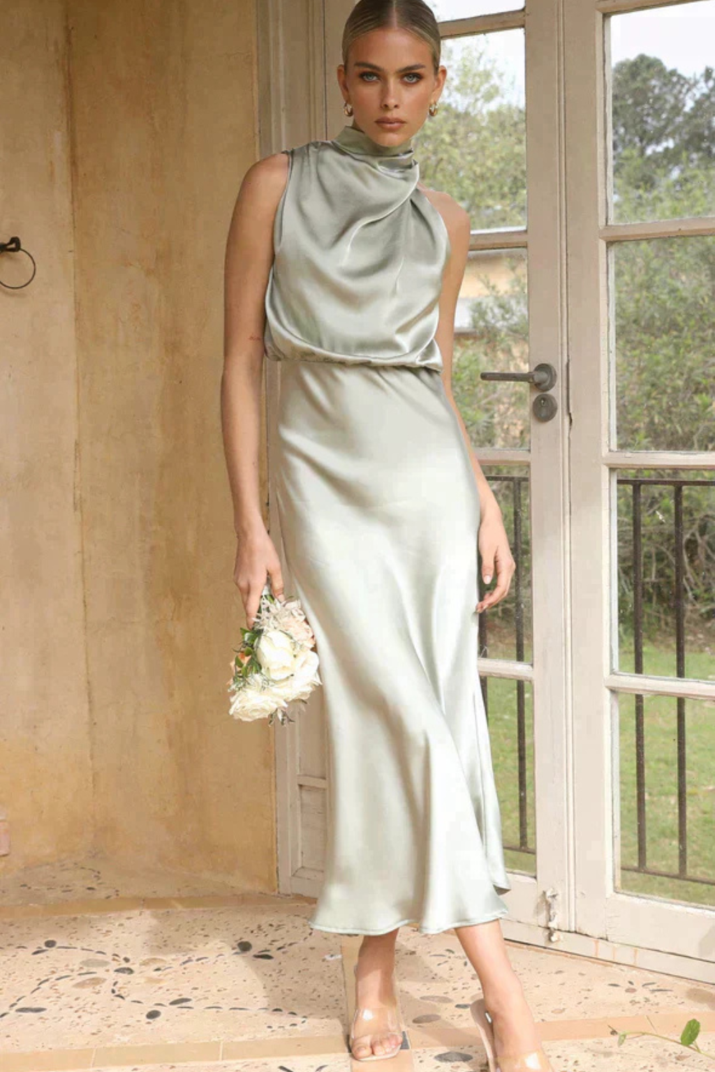 Halter Neck Satin Midi Dress for Women | Elegant Wedding Guest Attire