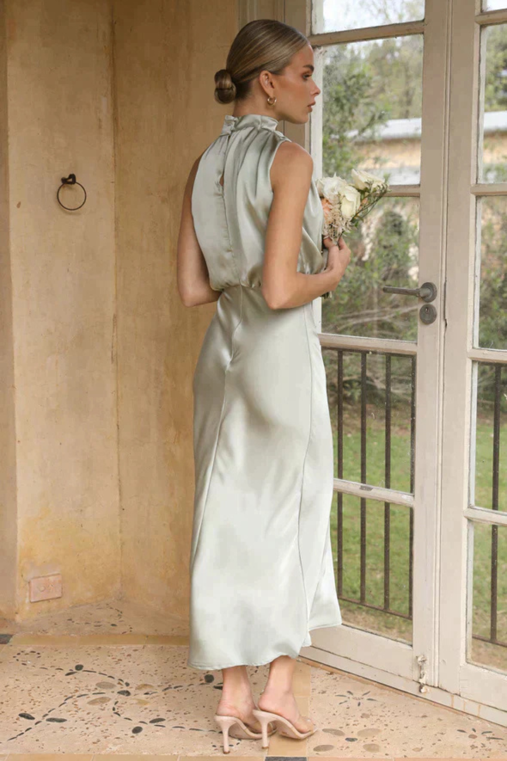 Halter Neck Satin Midi Dress for Women | Elegant Wedding Guest Attire