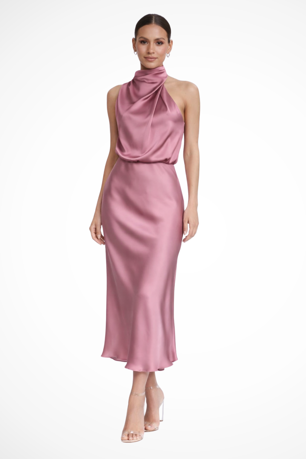 Halter Neck Satin Midi Dress for Women | Elegant Wedding Guest Attire