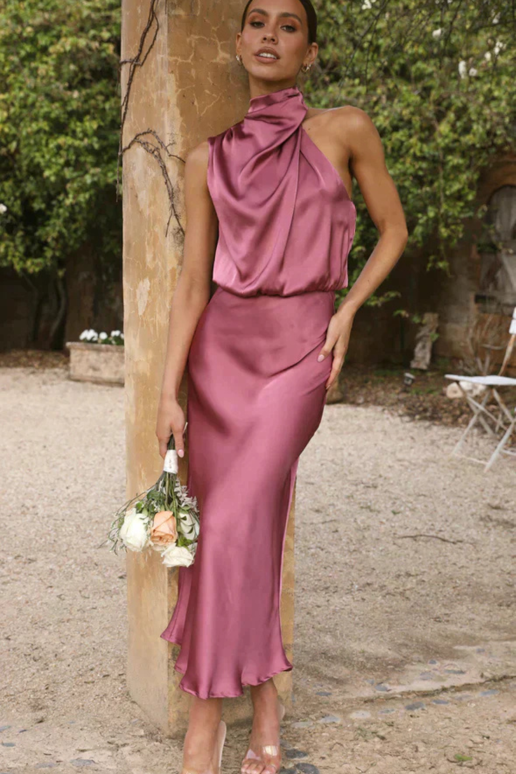 Halter Neck Satin Midi Dress for Women | Elegant Wedding Guest Attire