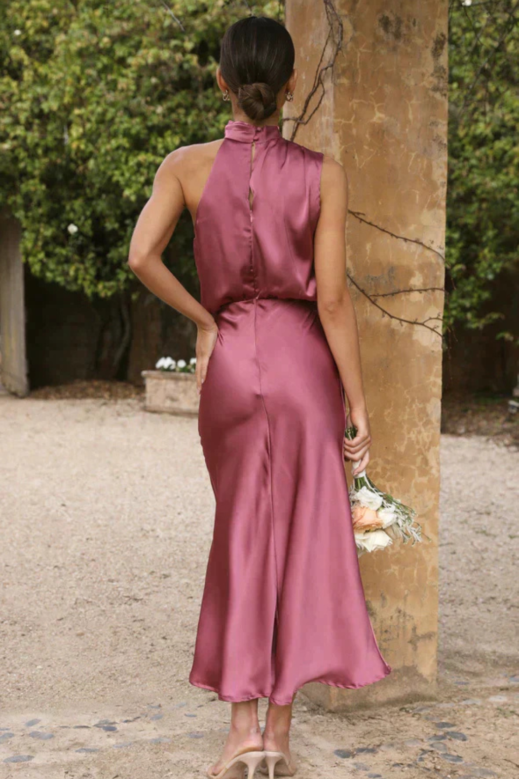 Halter Neck Satin Midi Dress for Women | Elegant Wedding Guest Attire