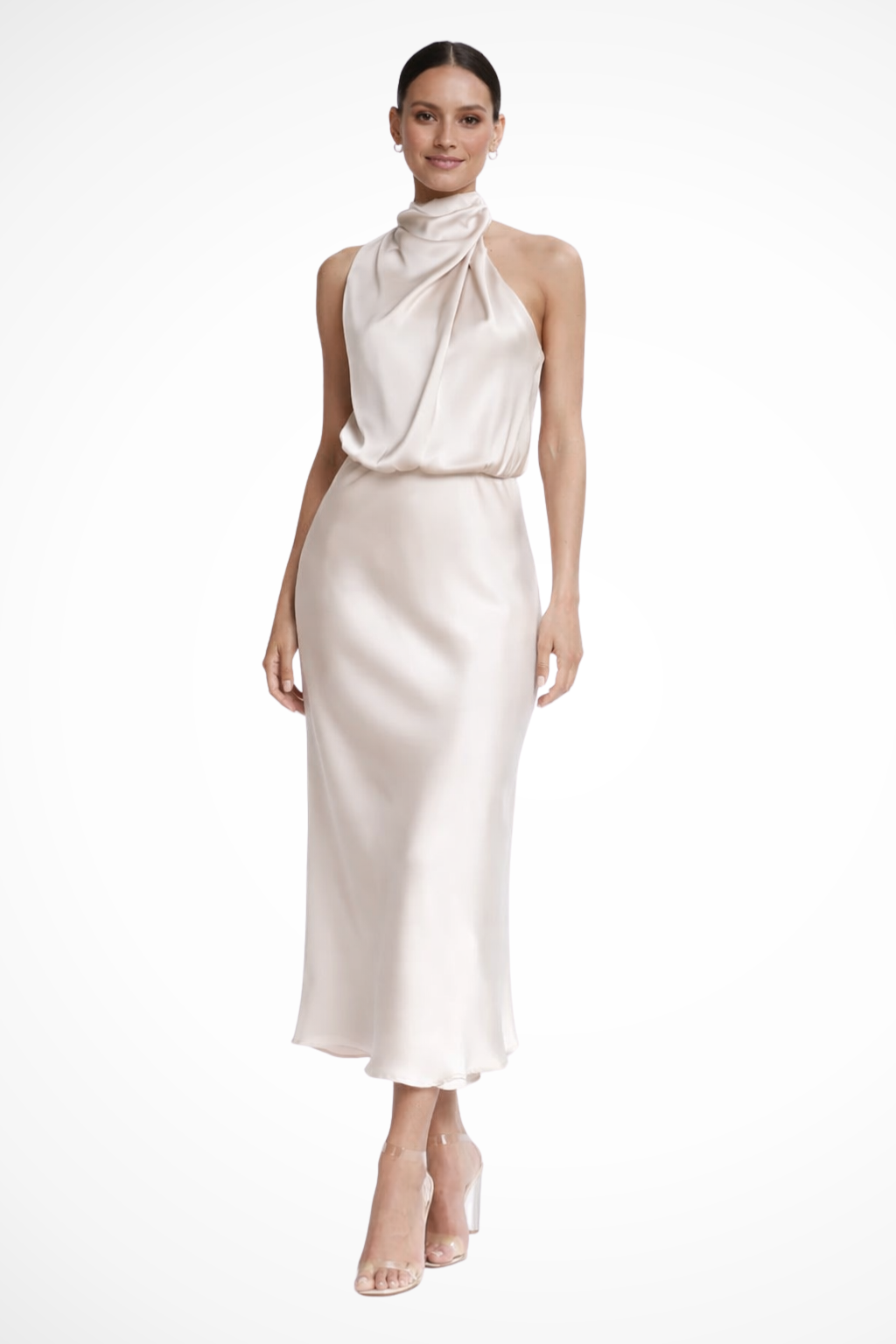 Halter Neck Satin Midi Dress for Women | Elegant Wedding Guest Attire