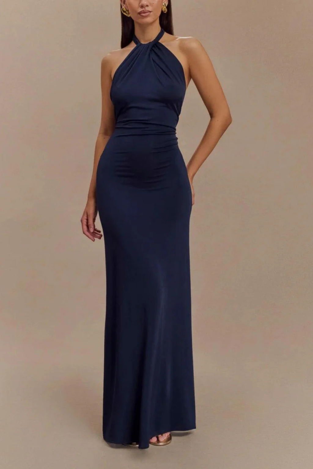 Halter Neck Twisted Knot Open Back Bodycon Maxi Dress for Women - Elegant Wedding Guest Attire