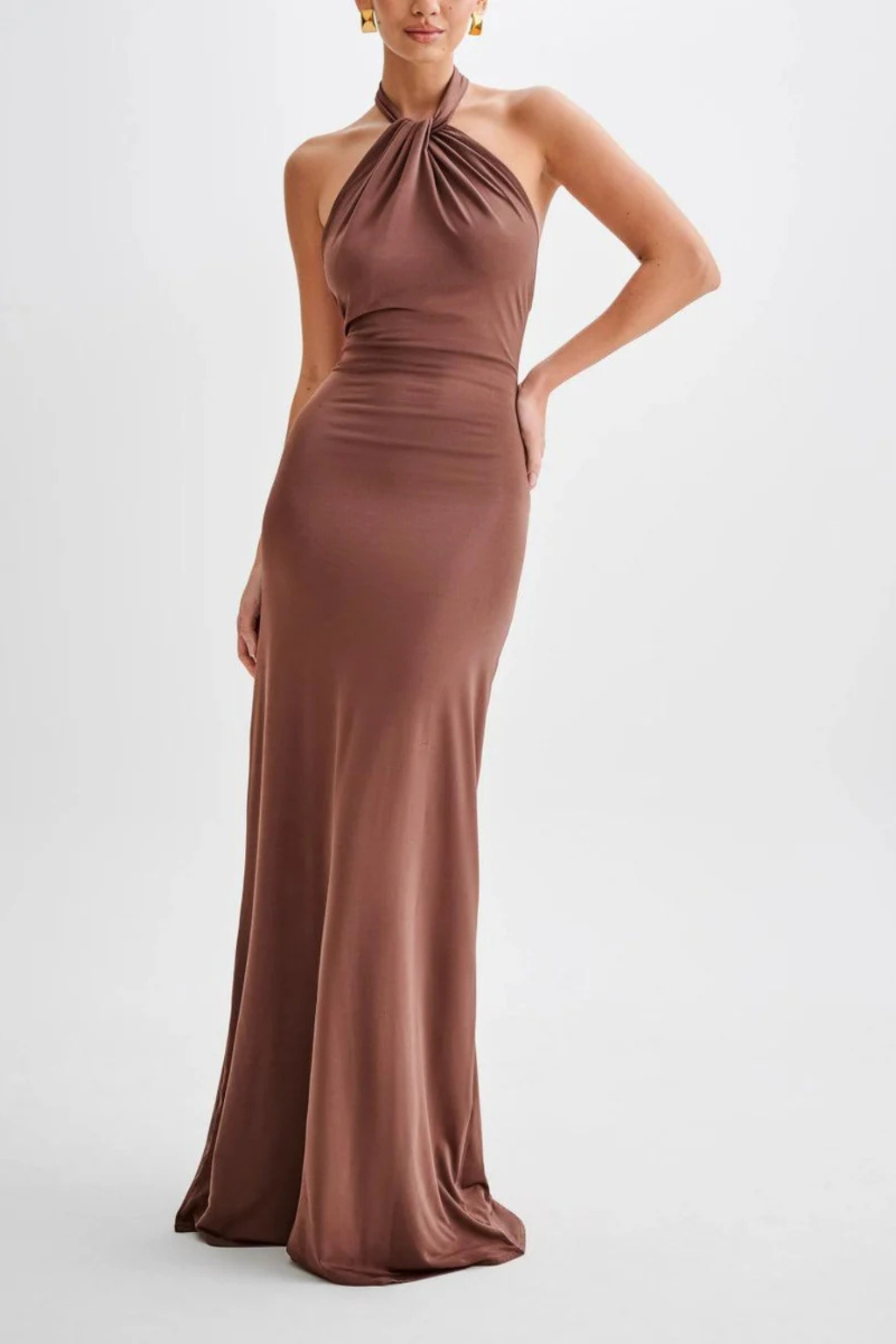 Halter Neck Twisted Knot Open Back Bodycon Maxi Dress for Women - Elegant Wedding Guest Attire