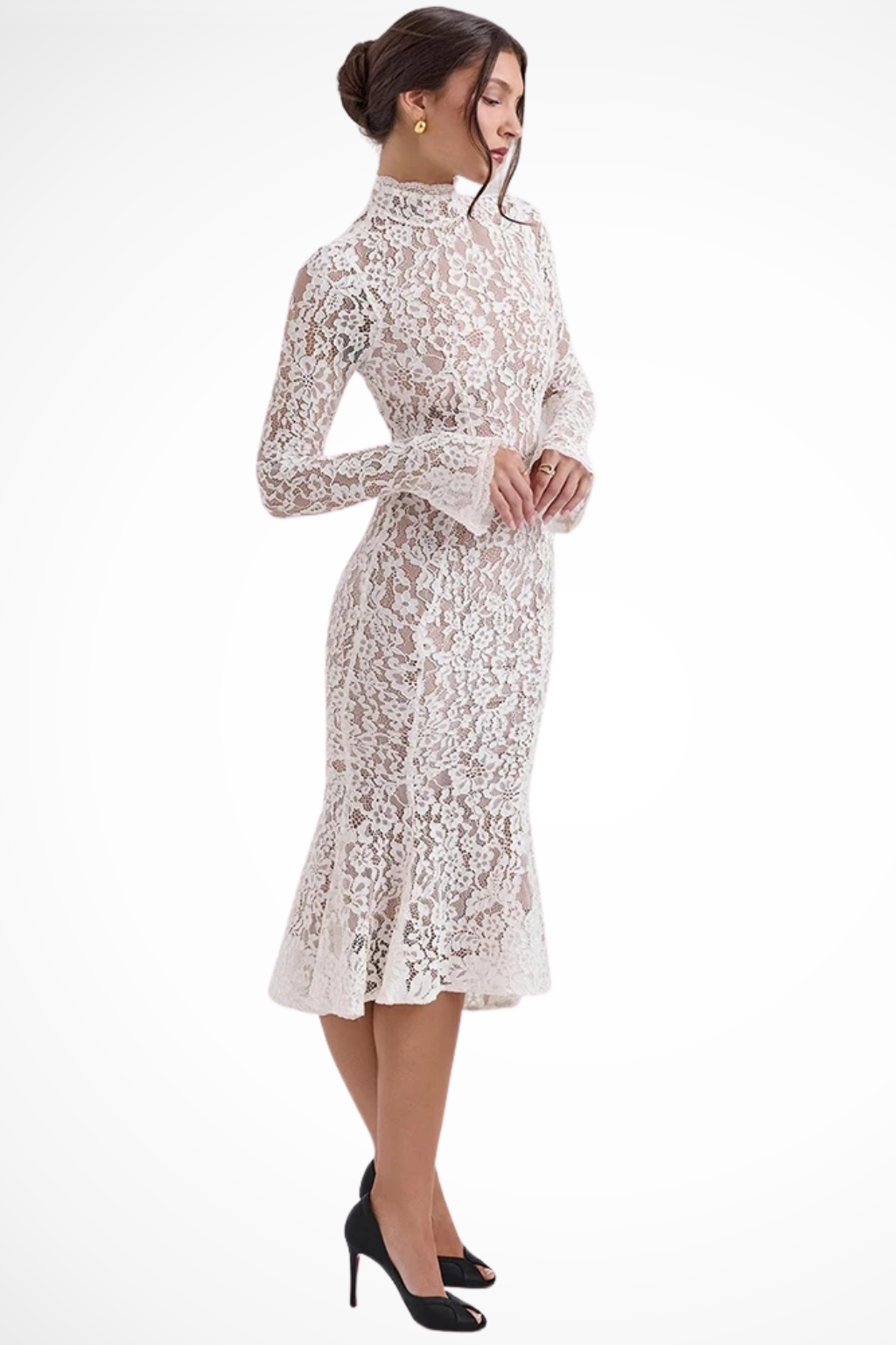 High Neck Lace Midi Dress for Women | Long Sleeve Wedding Guest Dress in Elegant Design