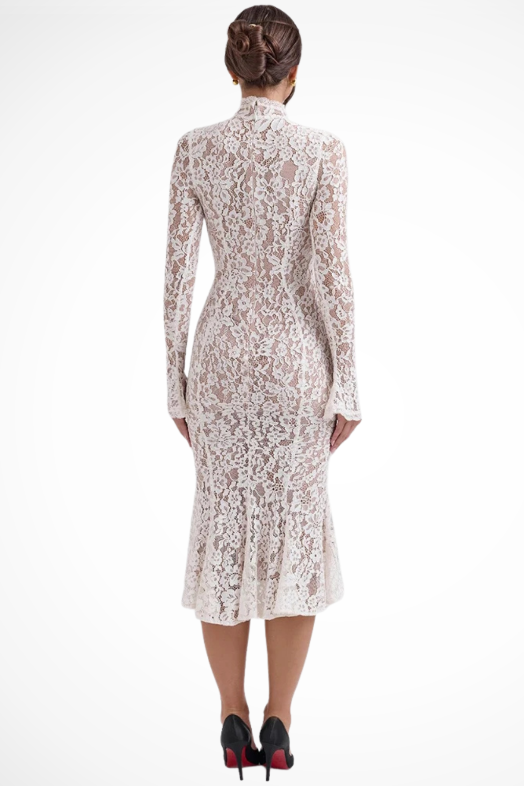 High Neck Lace Midi Dress for Women | Long Sleeve Wedding Guest Dress in Elegant Design