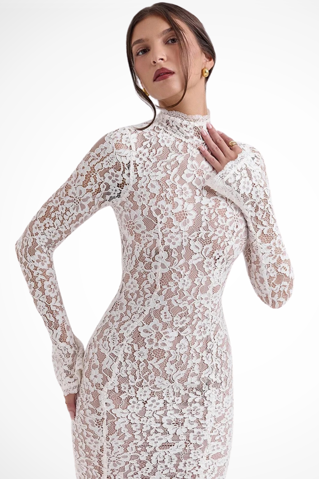 High Neck Lace Midi Dress for Women | Long Sleeve Wedding Guest Dress in Elegant Design