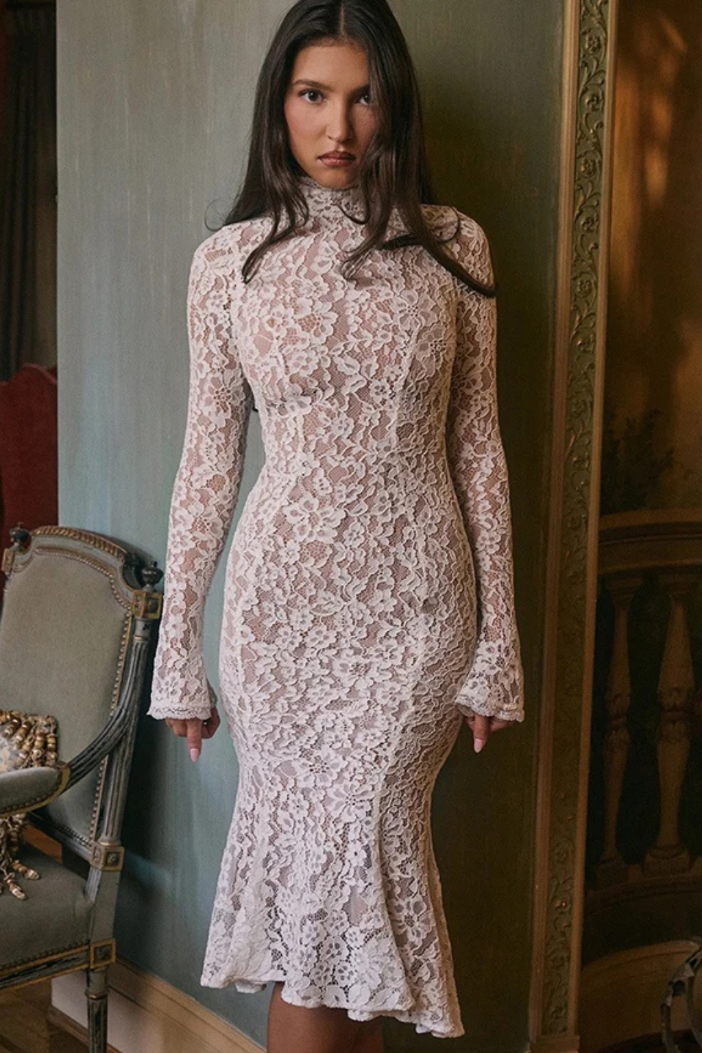 High Neck Lace Midi Dress for Women | Long Sleeve Wedding Guest Dress in Elegant Design