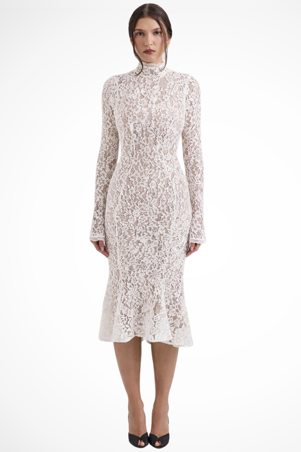 High Neck Lace Midi Dress for Women | Long Sleeve Wedding Guest Dress in Elegant Design