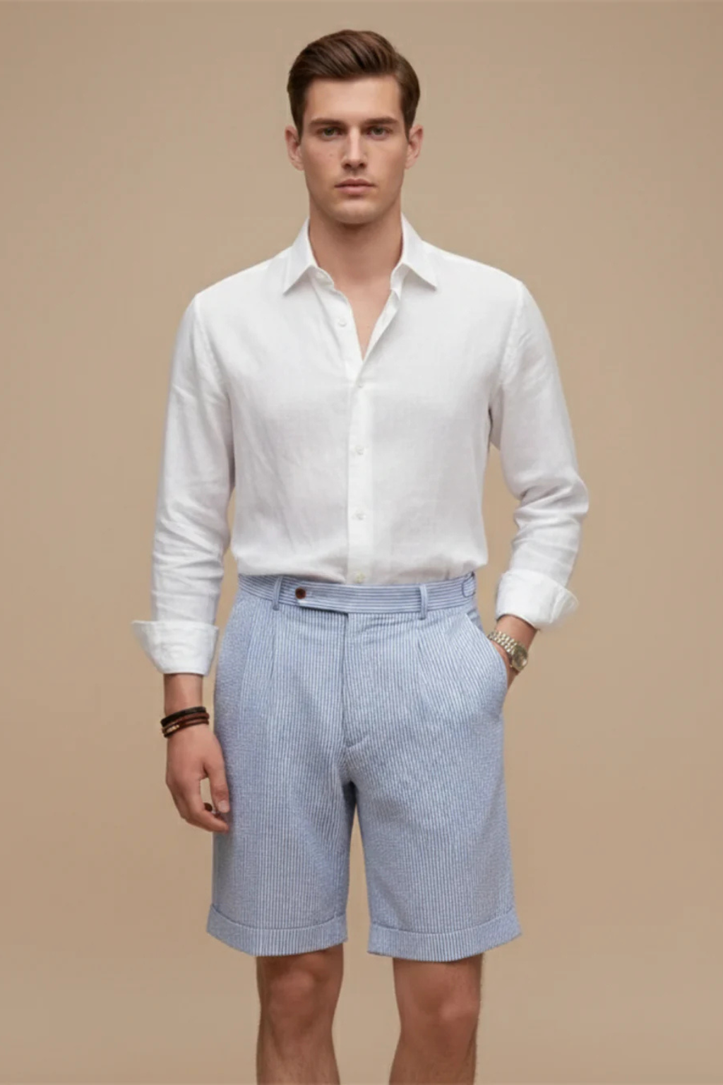 High Waist Striped Seersucker Chino Shorts for Men with Pleated Turn Up Hem