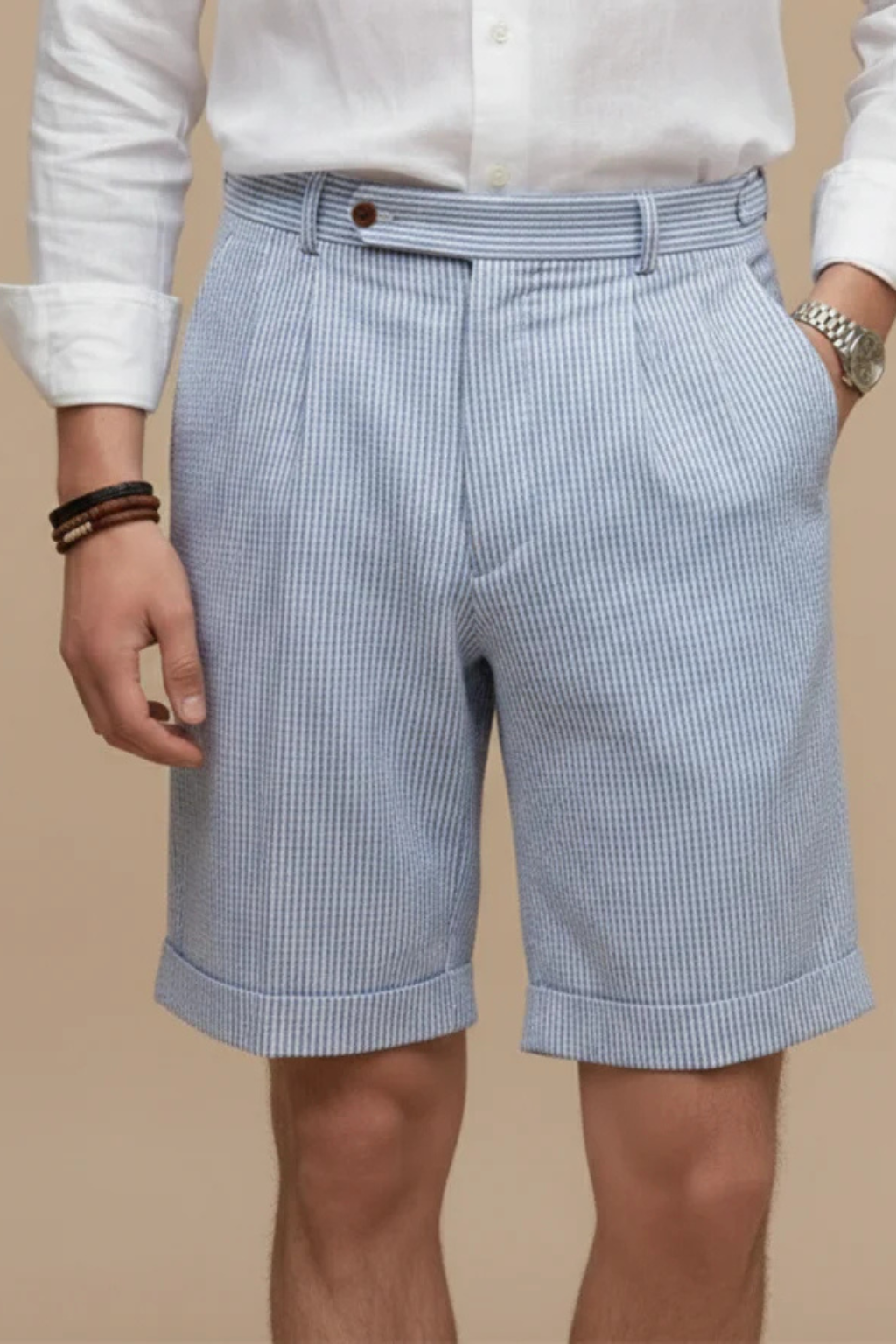 High Waist Striped Seersucker Chino Shorts for Men with Pleated Turn Up Hem