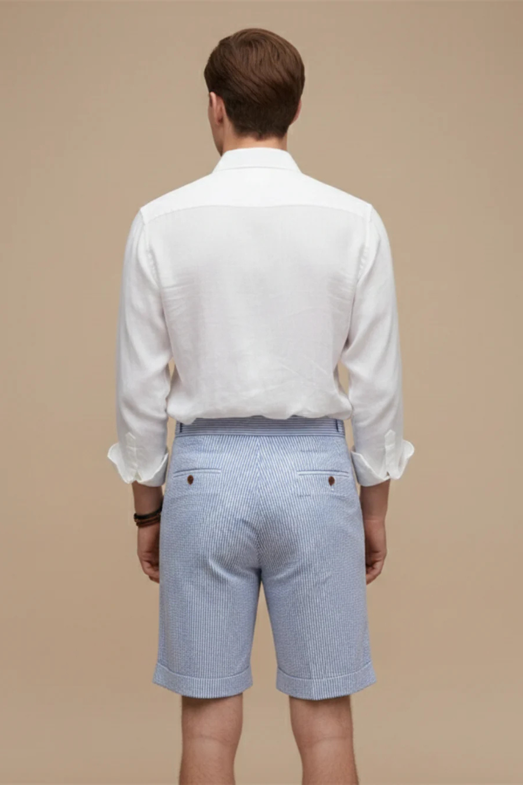 High Waist Striped Seersucker Chino Shorts for Men with Pleated Turn Up Hem