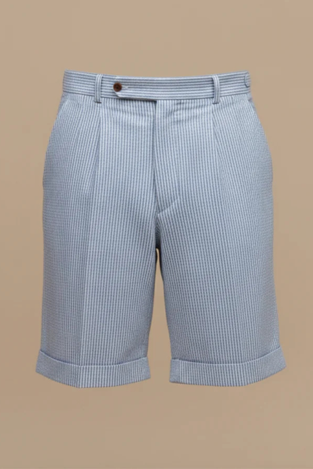 High Waist Striped Seersucker Chino Shorts for Men with Pleated Turn Up Hem