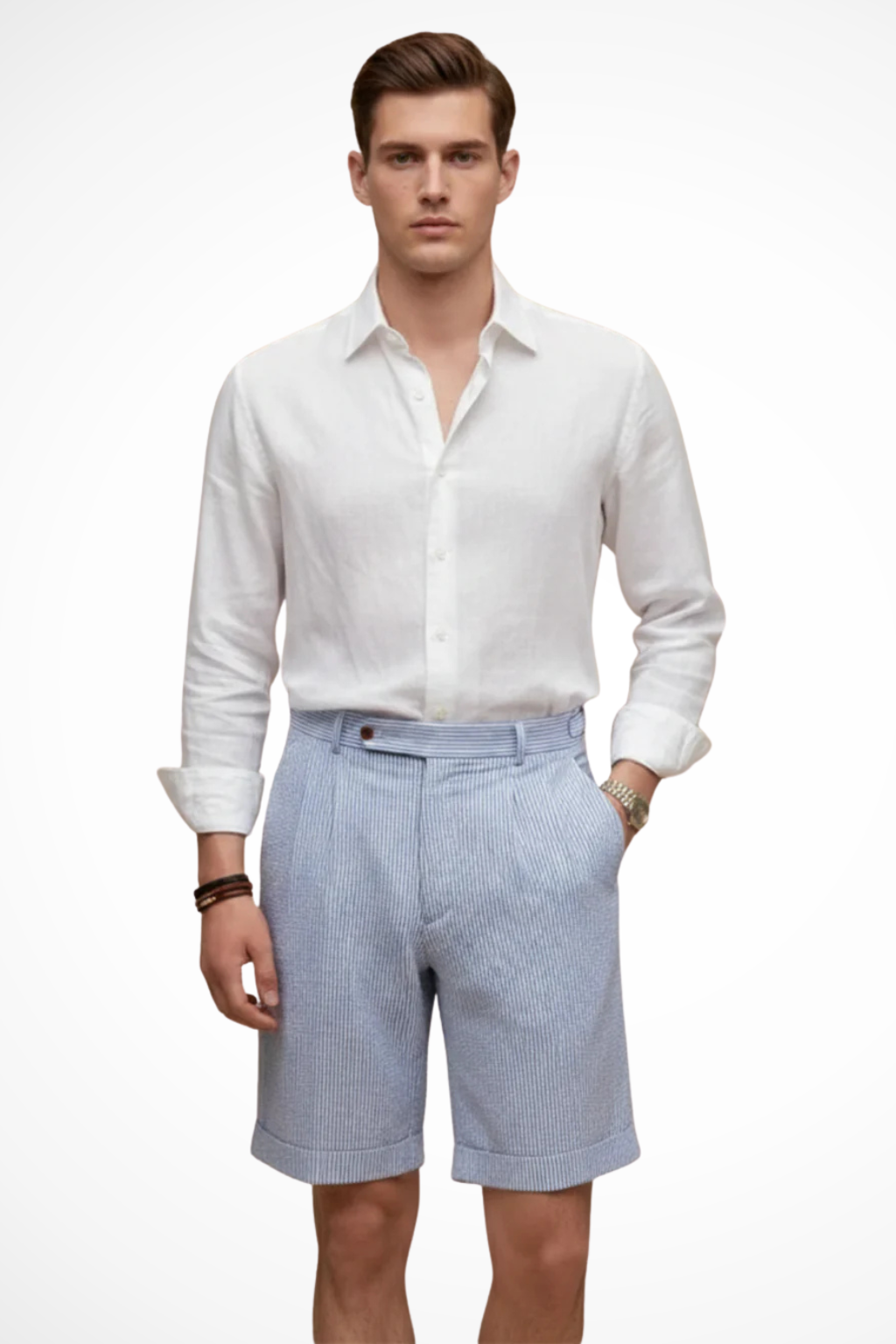 High Waist Striped Seersucker Chino Shorts for Men with Pleated Turn Up Hem