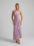 Pleated Ruffle Halterneck Midi Dress for Women - Elegant Summer Fashion