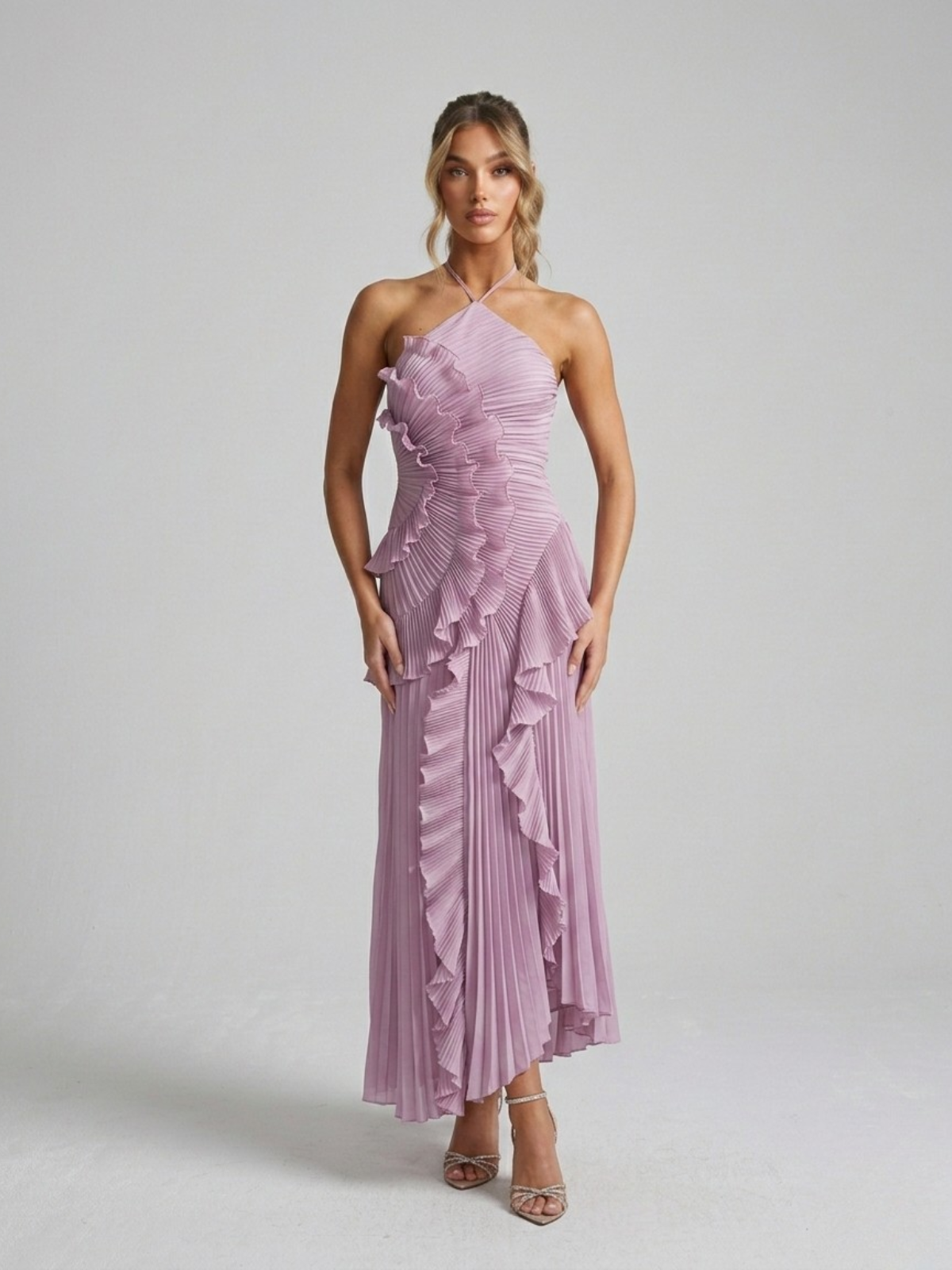 Pleated Ruffle Halterneck Midi Dress for Women - Elegant Summer Fashion