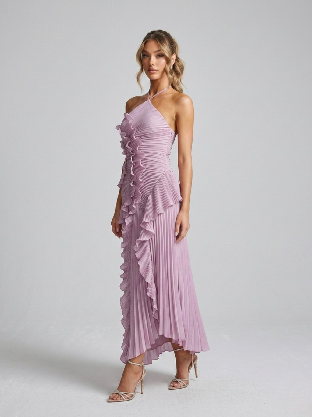 Pleated Ruffle Halterneck Midi Dress for Women - Elegant Summer Fashion