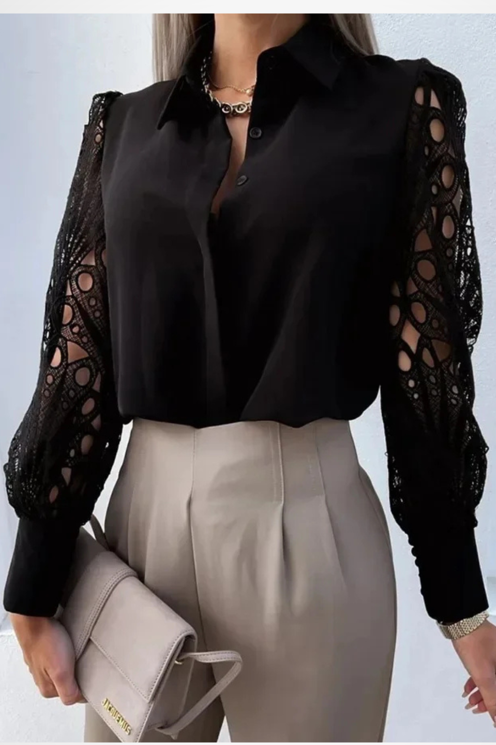Lace Sleeve Long Sleeve Blouse for Women - Button Down Design - Elegant Casual Top for Work or Everyday Wear