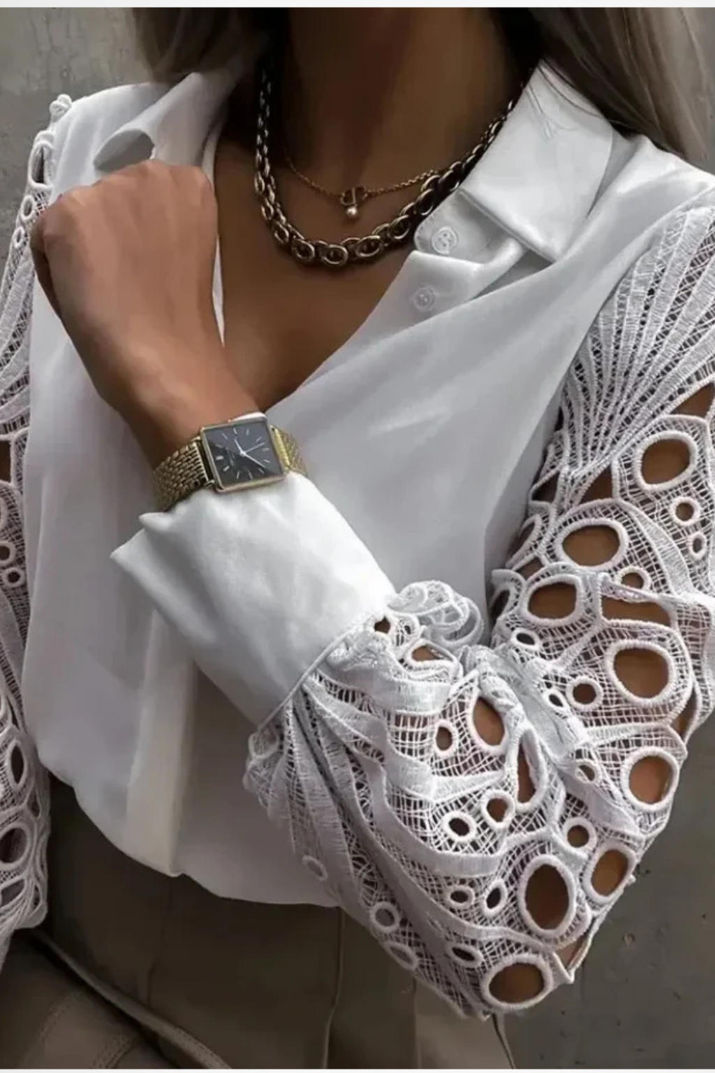 Lace Sleeve Long Sleeve Blouse for Women - Button Down Design - Elegant Casual Top for Work or Everyday Wear