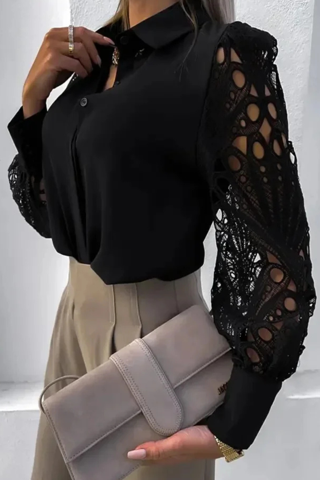 Lace Sleeve Long Sleeve Blouse for Women - Button Down Design - Elegant Casual Top for Work or Everyday Wear