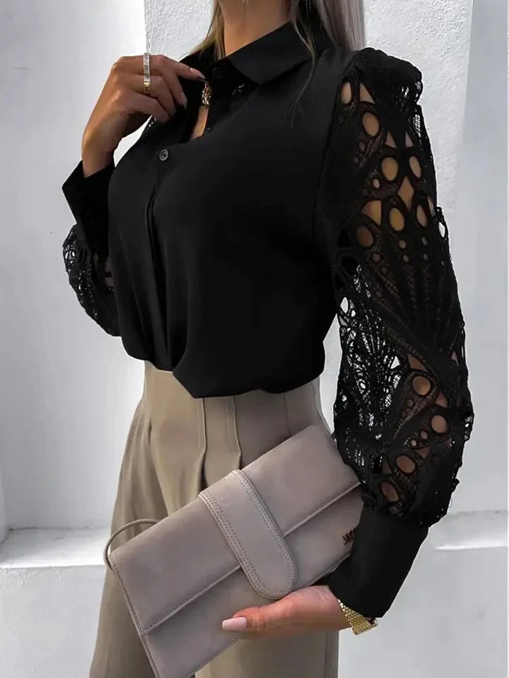 Lace Sleeve Long Sleeve Blouse for Women - Button Down Design - Elegant Casual Top for Work or Everyday Wear