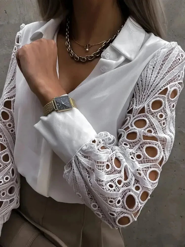 Lace Sleeve Long Sleeve Blouse for Women - Button Down Design - Elegant Casual Top for Work or Everyday Wear