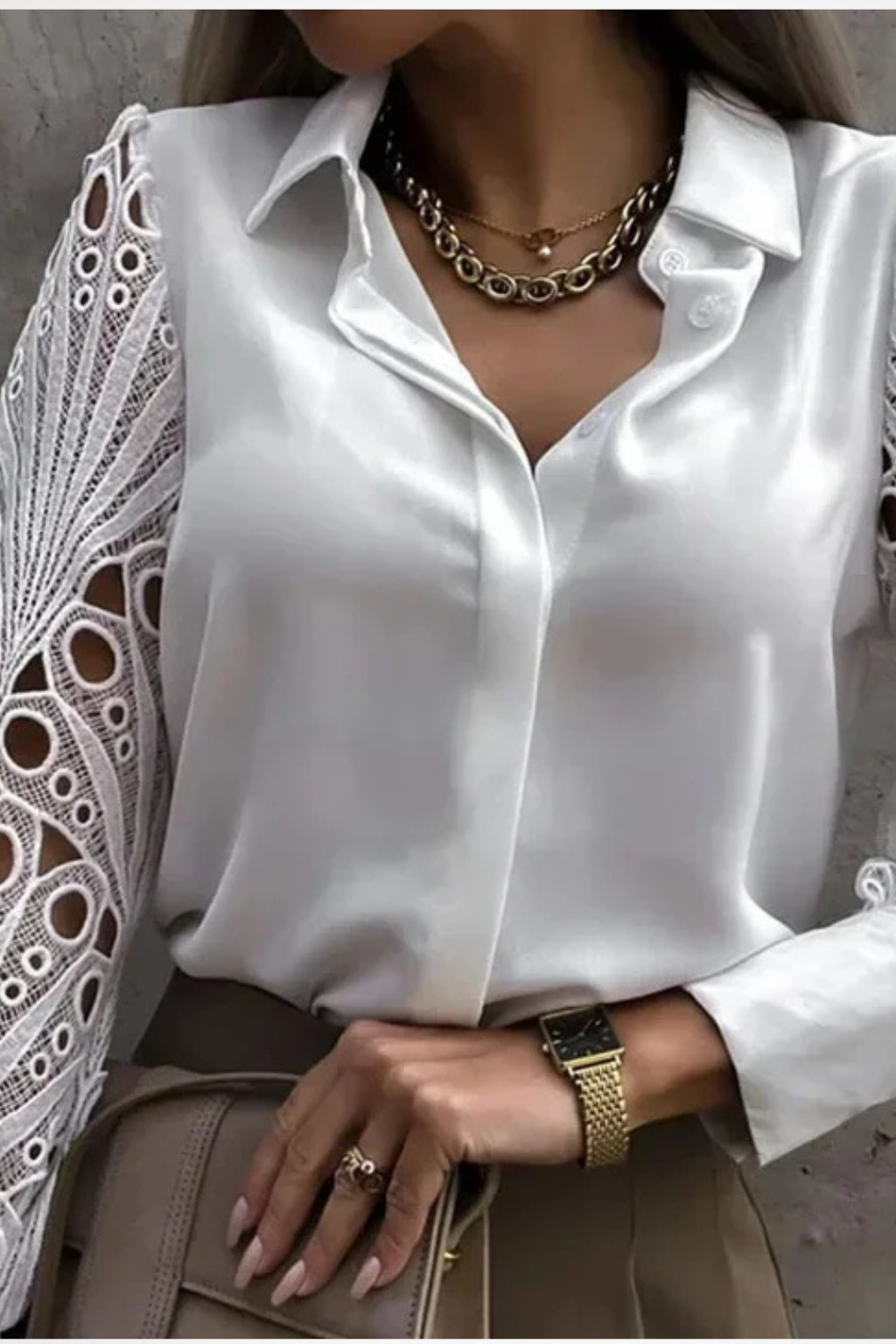 Lace Sleeve Long Sleeve Blouse for Women - Button Down Design - Elegant Casual Top for Work or Everyday Wear