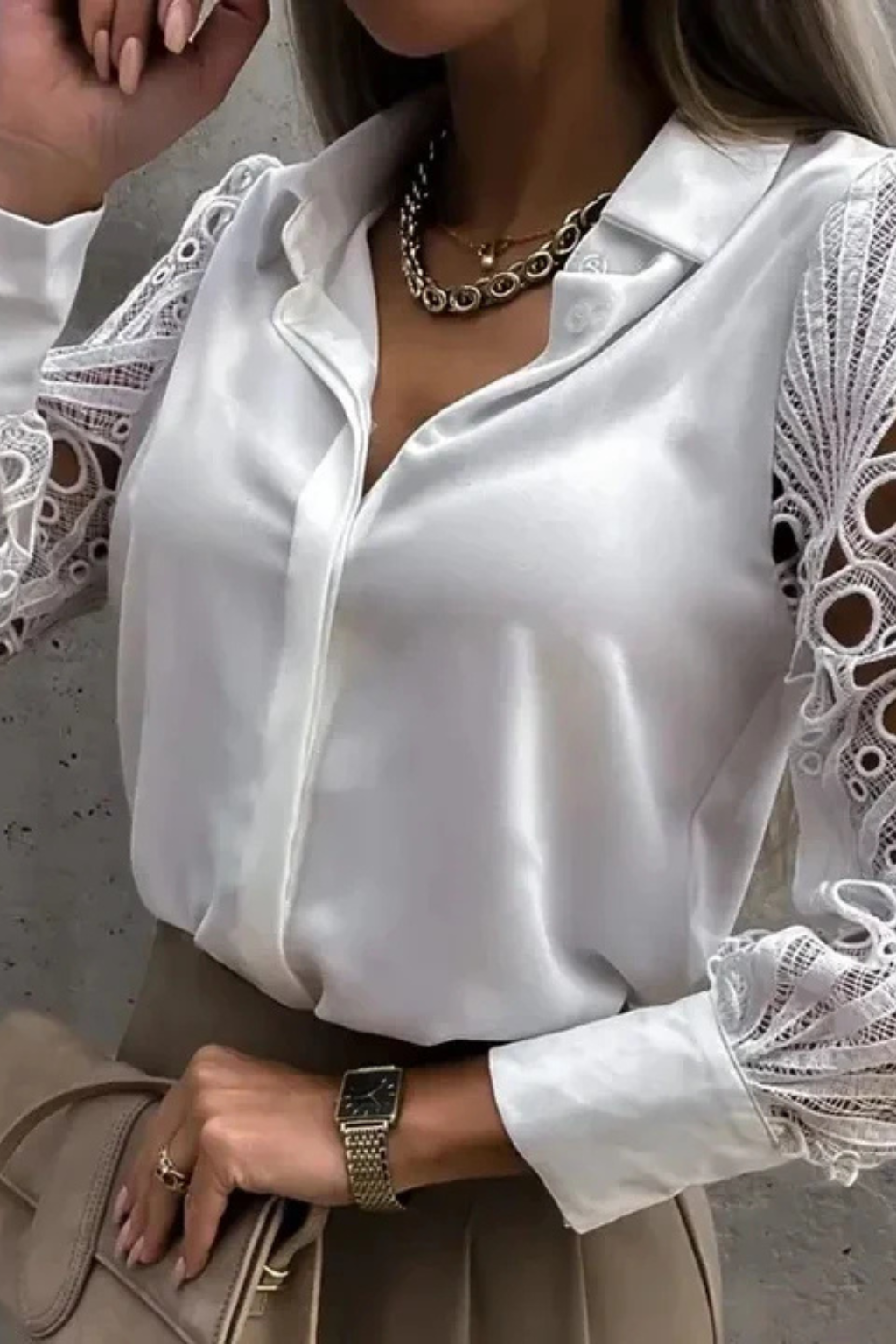 Lace Sleeve Long Sleeve Blouse for Women - Button Down Design - Elegant Casual Top for Work or Everyday Wear