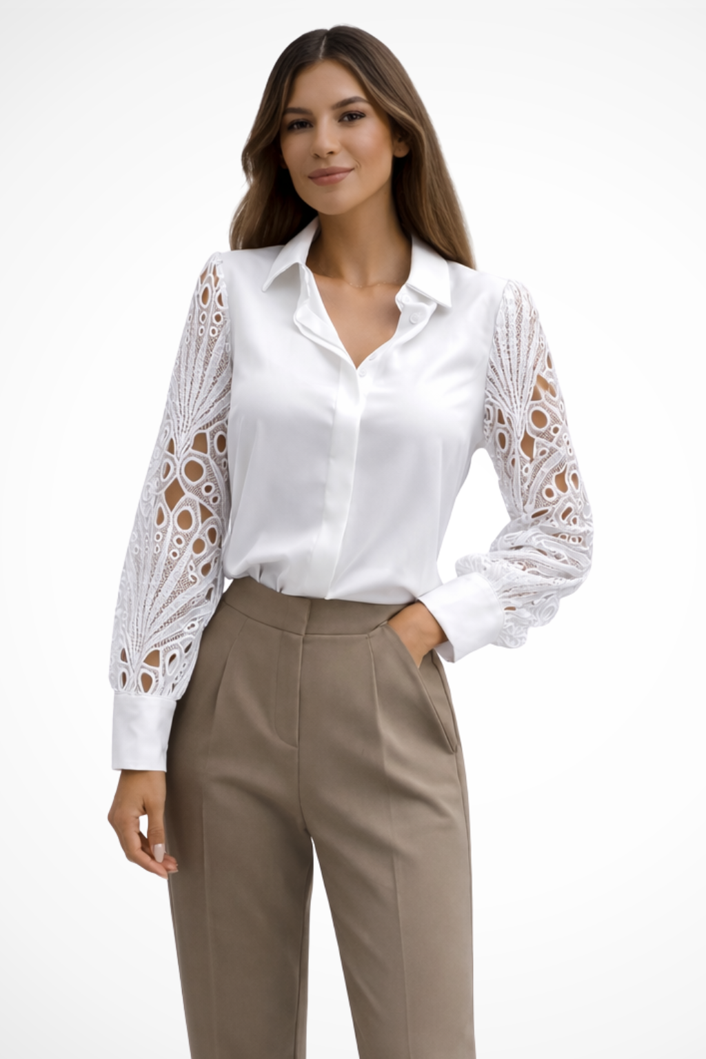 Lace Sleeve Long Sleeve Blouse for Women - Button Down Design - Elegant Casual Top for Work or Everyday Wear