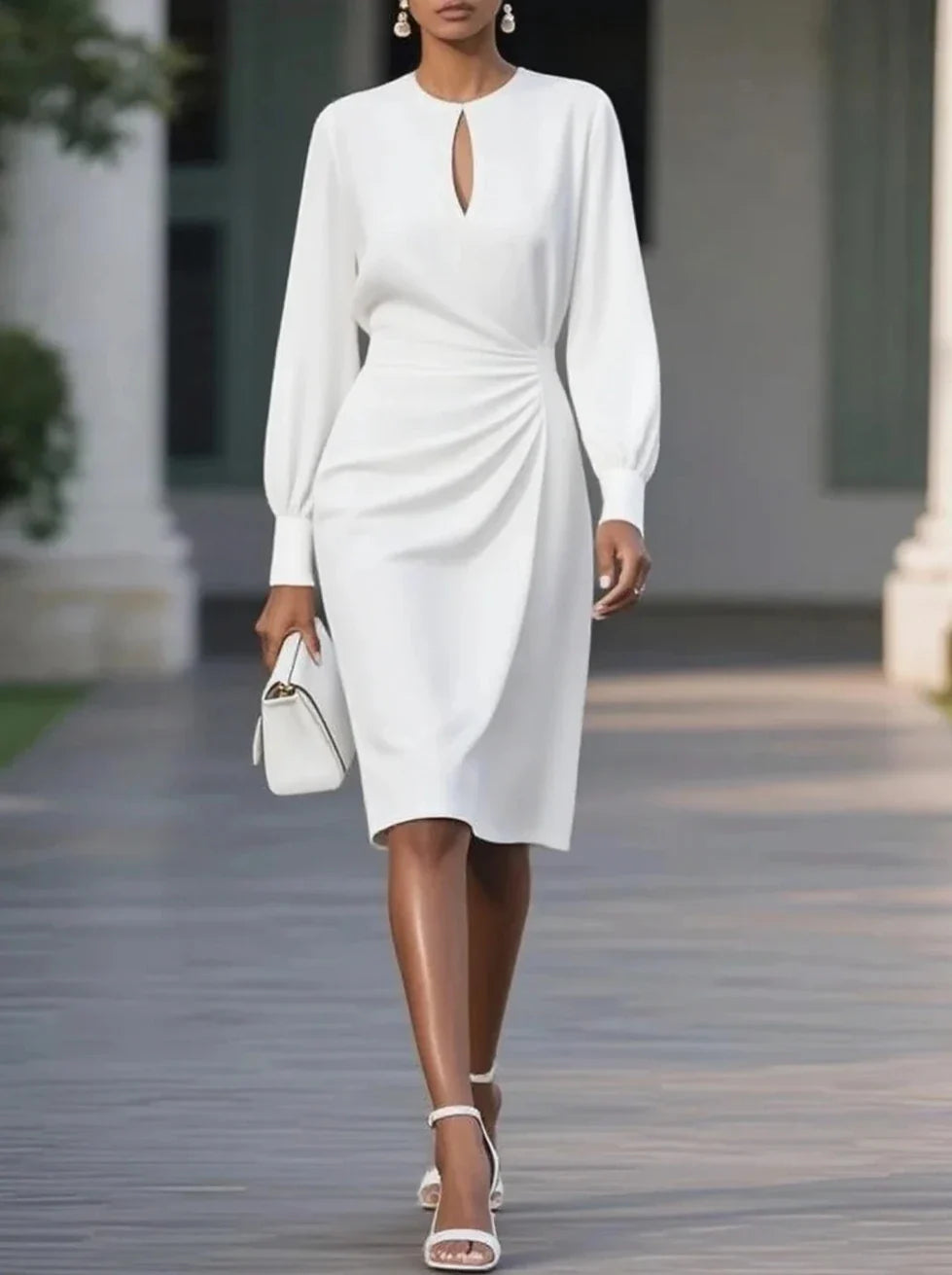 Long Sleeve Formal Midi Dress for Women - Elegant Design in Soft Fabric for Office, Events, and Special Occasions
