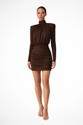Long Sleeve High Neck Ruched Mini Dress for Women - Elegant Wedding Guest Attire in Soft Fabric
