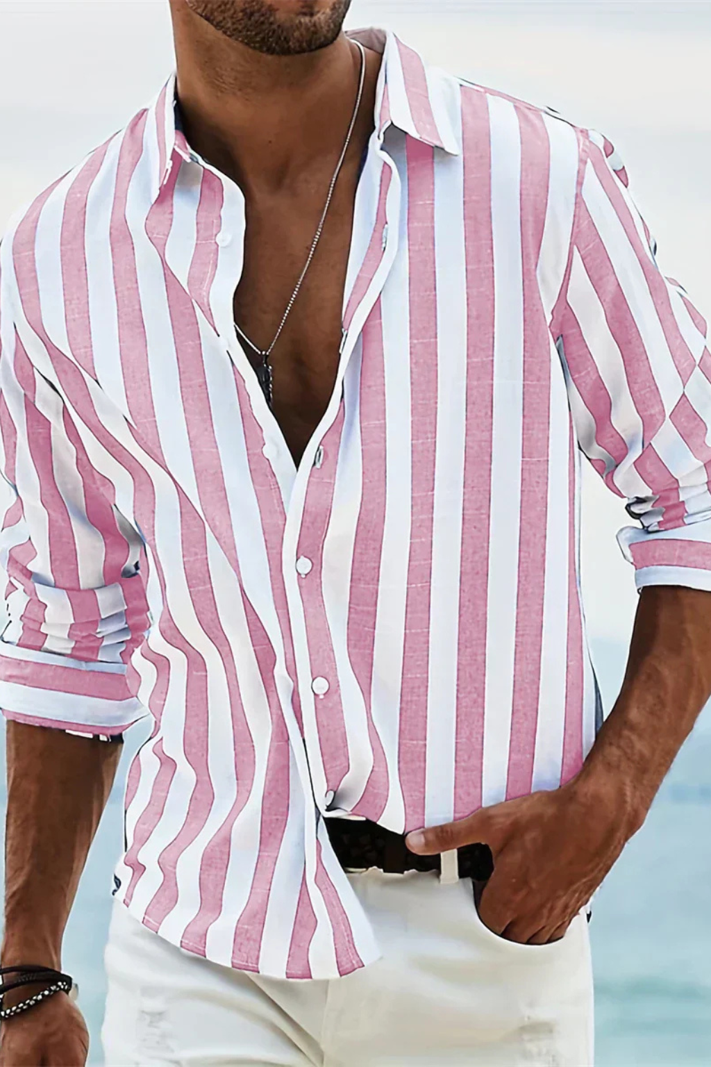 Men's Casual Linen Shirt - Summer Striped Design for Everyday Wear
