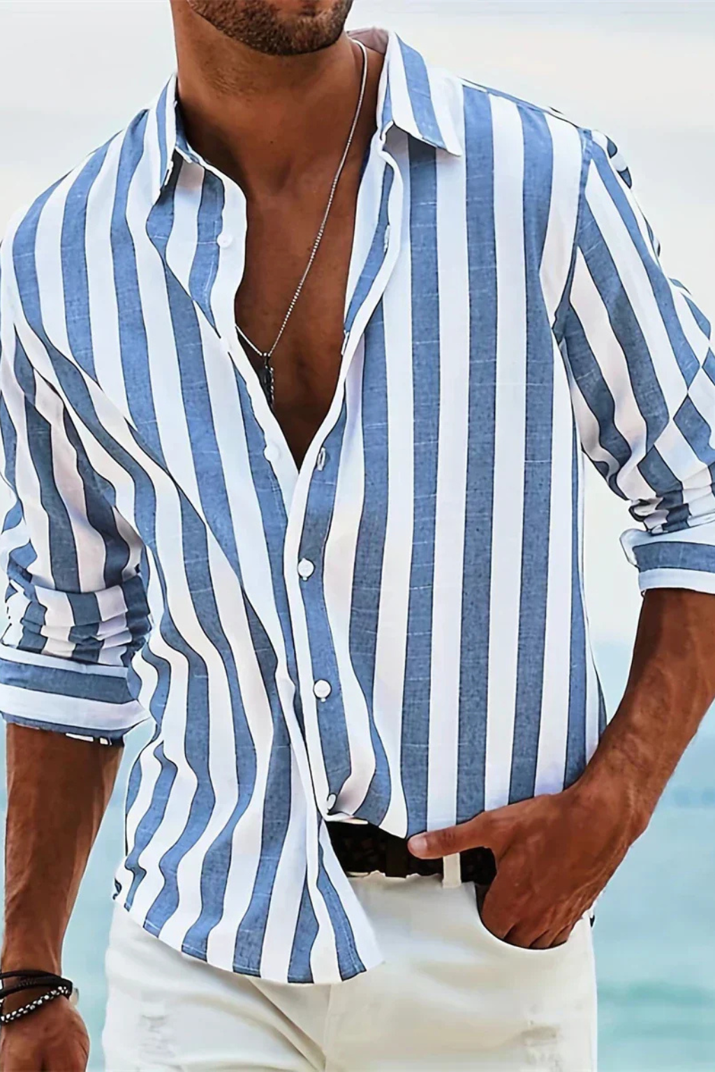 Men's Casual Linen Shirt - Summer Striped Design for Everyday Wear