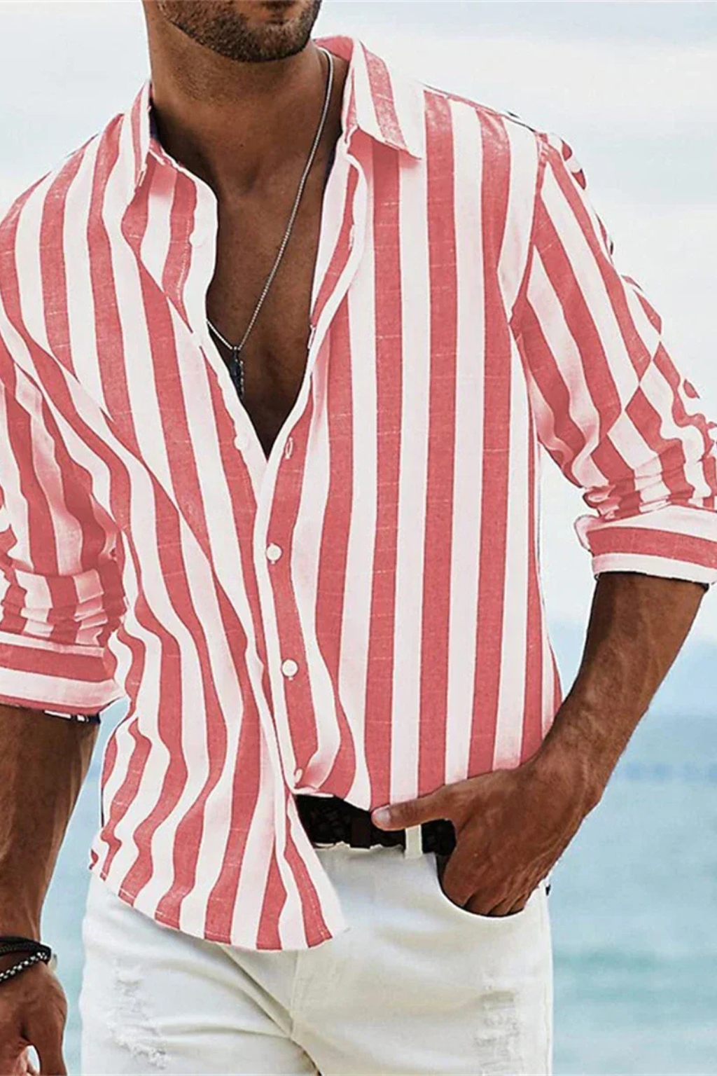 Men's Casual Linen Shirt - Summer Striped Design for Everyday Wear