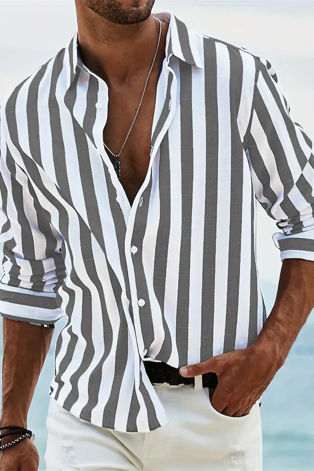 Men's Casual Linen Shirt - Summer Striped Design for Everyday Wear