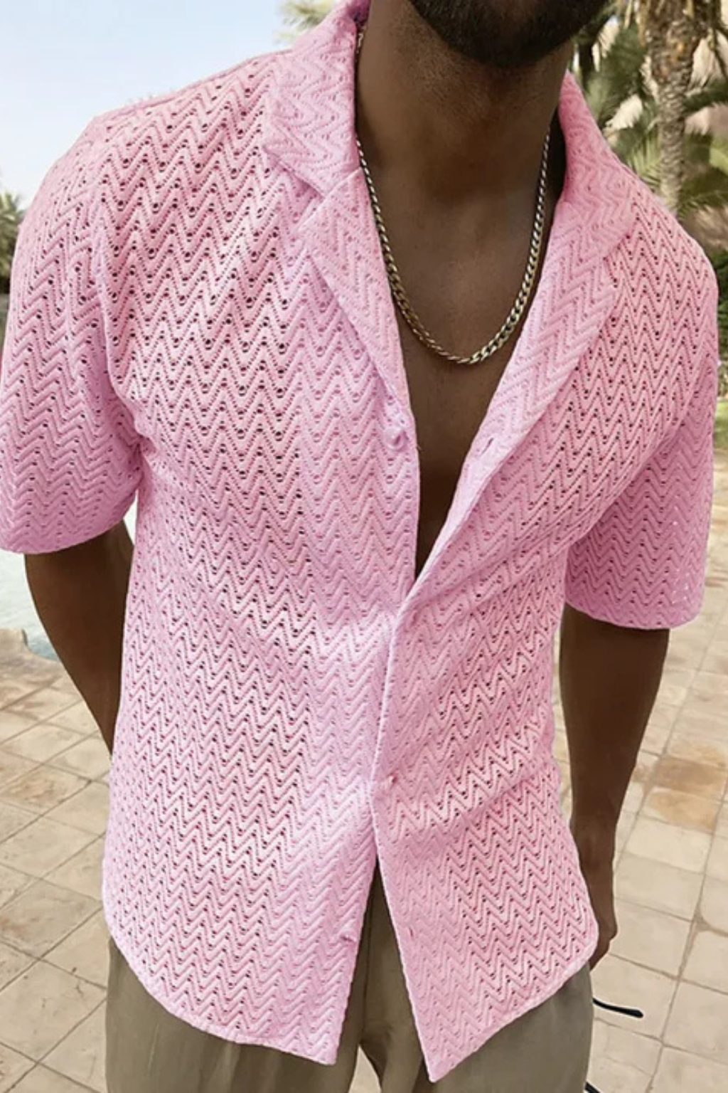Men's Chevron Textured Short Sleeve Summer Shirt - Open Collar, Lightweight Casual Wear for Warm Weather