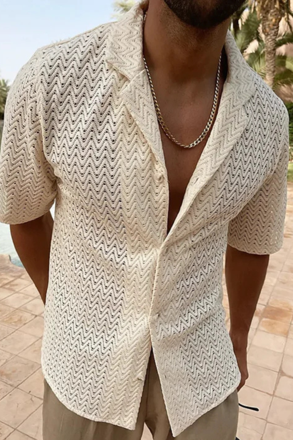 Men's Chevron Textured Short Sleeve Summer Shirt - Open Collar, Lightweight Casual Wear for Warm Weather