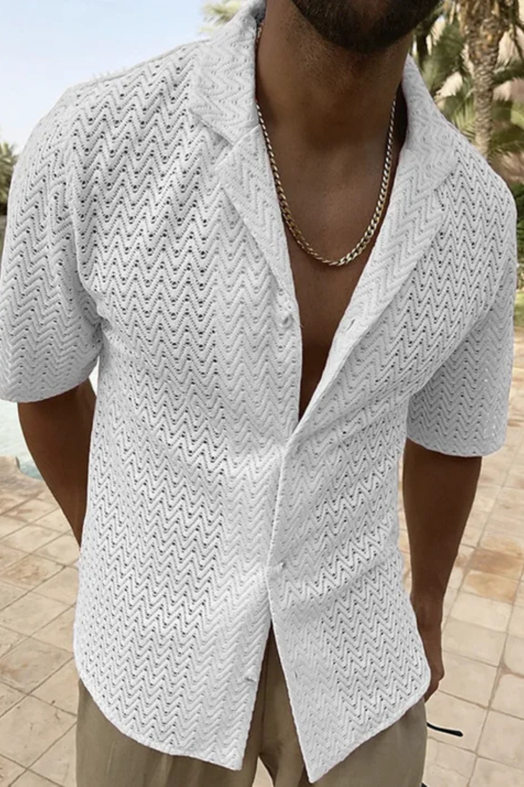 Men's Chevron Textured Short Sleeve Summer Shirt - Open Collar, Lightweight Casual Wear for Warm Weather
