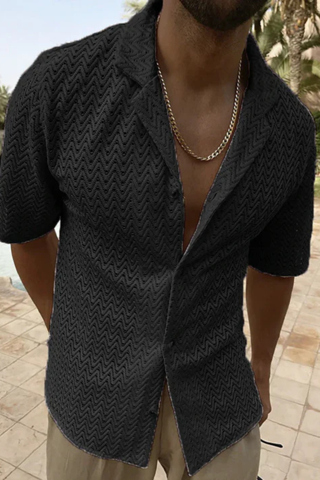 Men's Chevron Textured Short Sleeve Summer Shirt - Open Collar, Lightweight Casual Wear for Warm Weather