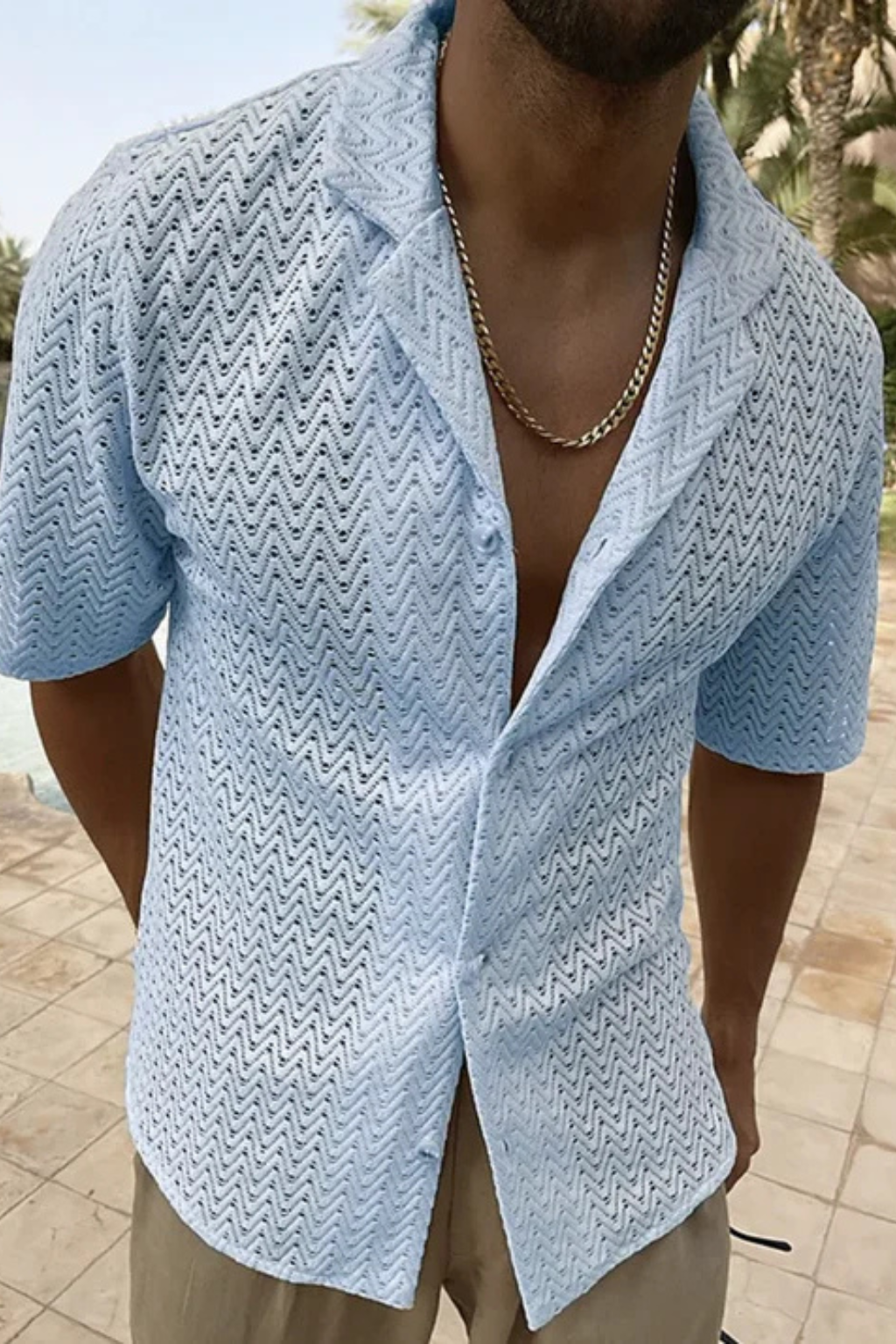 Men's Chevron Textured Short Sleeve Summer Shirt - Open Collar, Lightweight Casual Wear for Warm Weather