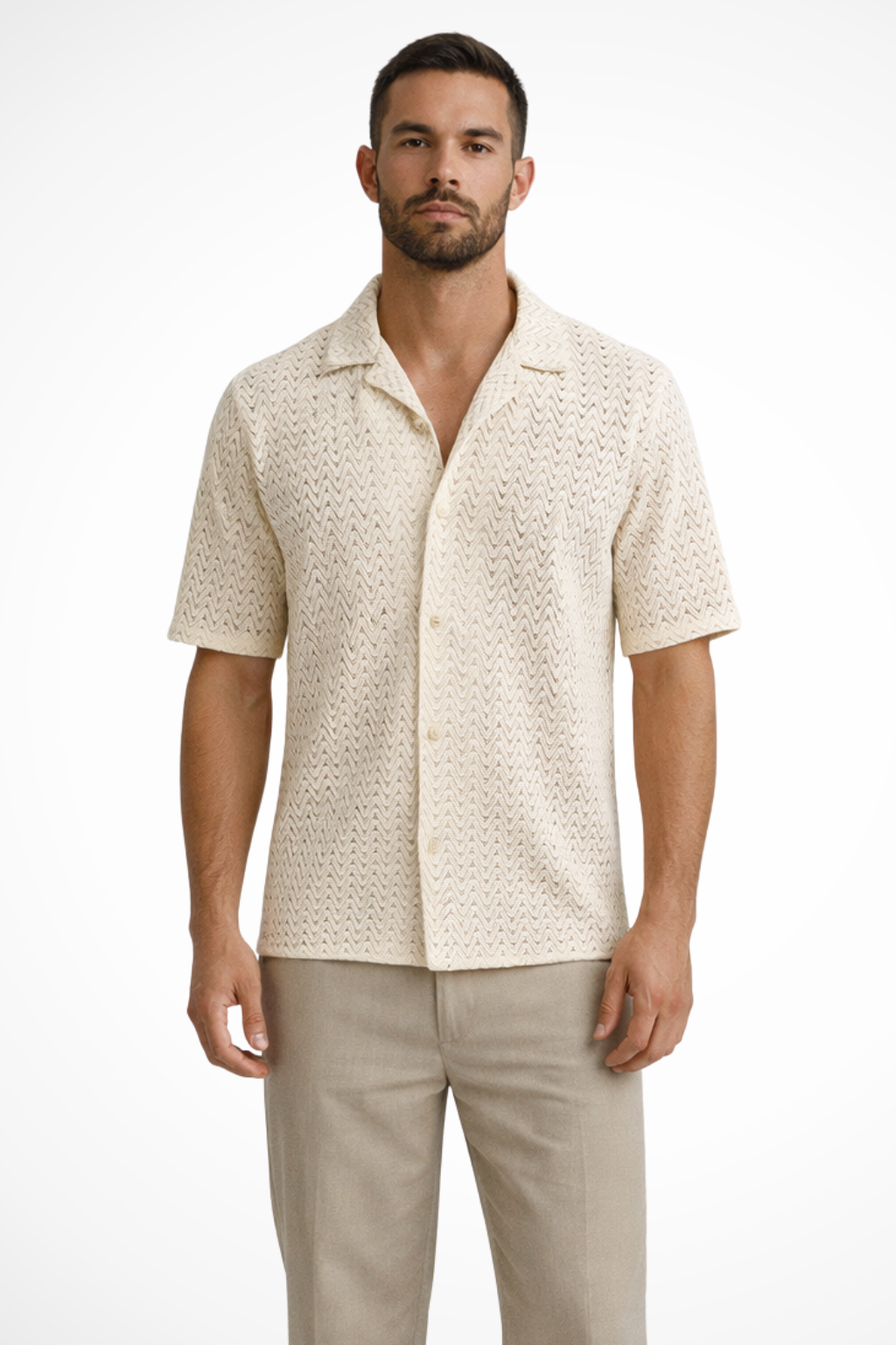 Men's Chevron Textured Short Sleeve Summer Shirt - Open Collar, Lightweight Casual Wear for Warm Weather