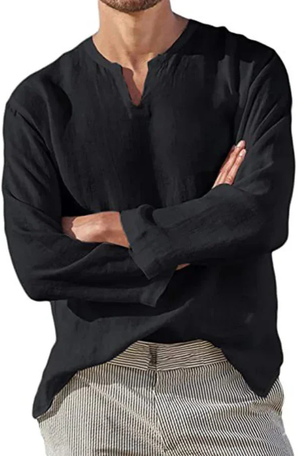 Men's Linen V Neck Long Sleeve Casual Shirt - Lightweight, Breathable Fabric for Everyday Wear