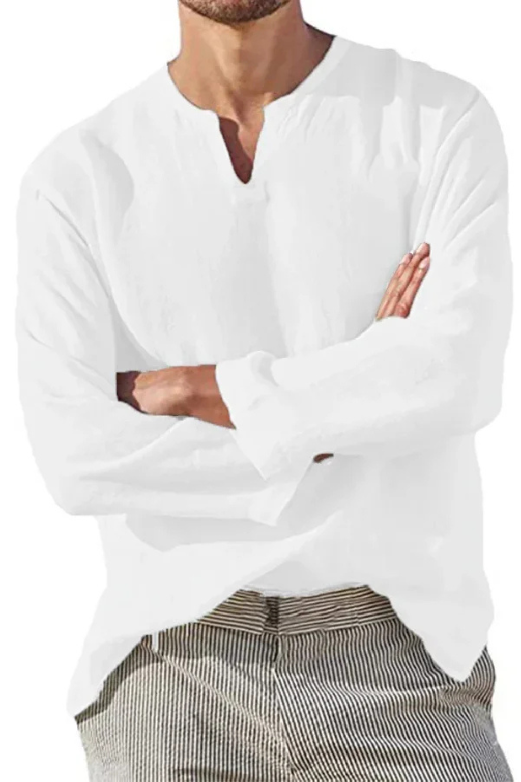 Men's Linen V Neck Long Sleeve Casual Shirt - Lightweight, Breathable Fabric for Everyday Wear
