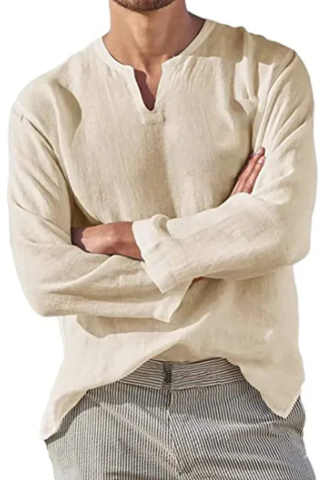 Men's Linen V Neck Long Sleeve Casual Shirt - Lightweight, Breathable Fabric for Everyday Wear