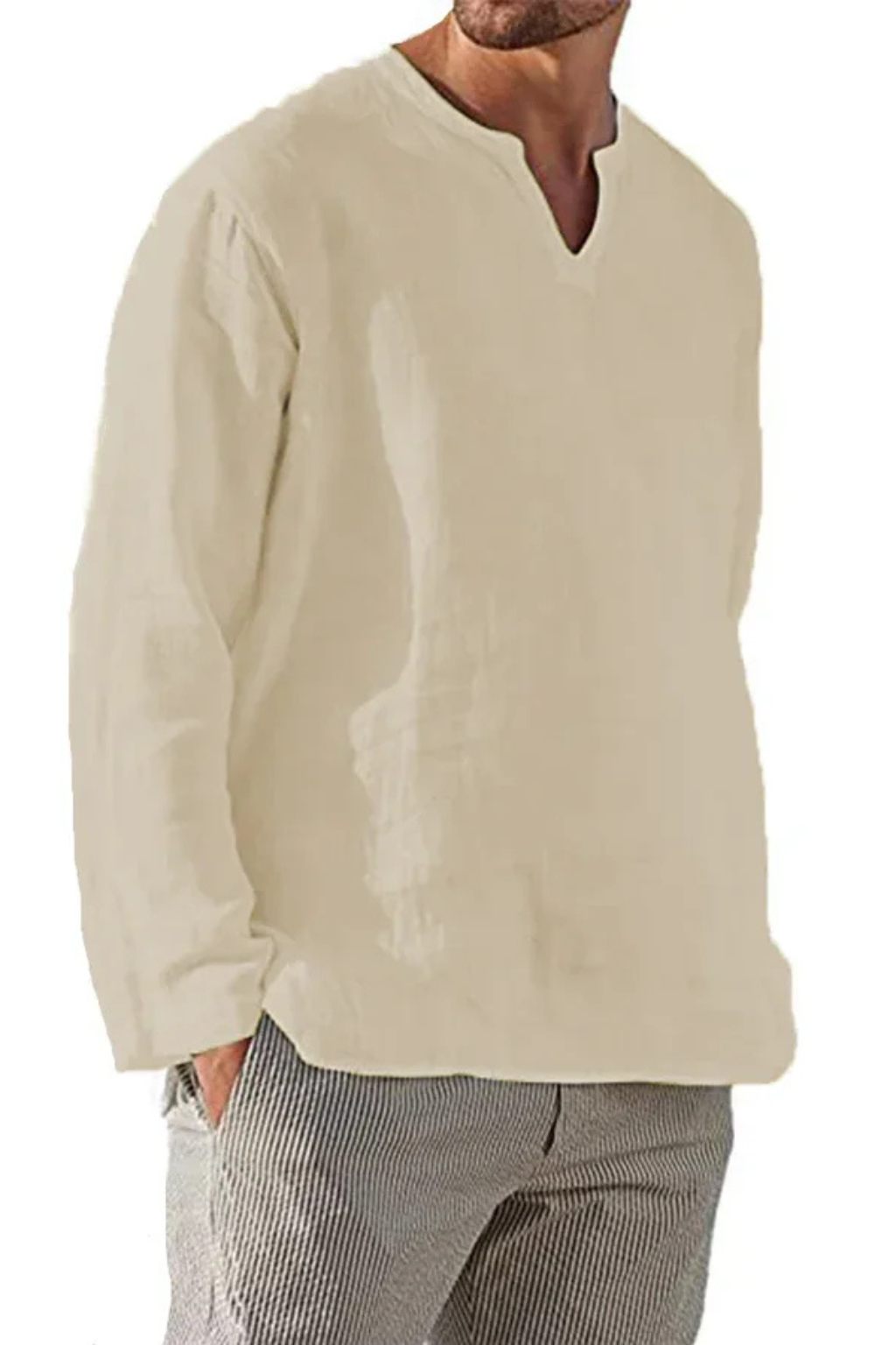 Men's Linen V Neck Long Sleeve Casual Shirt - Lightweight, Breathable Fabric for Everyday Wear