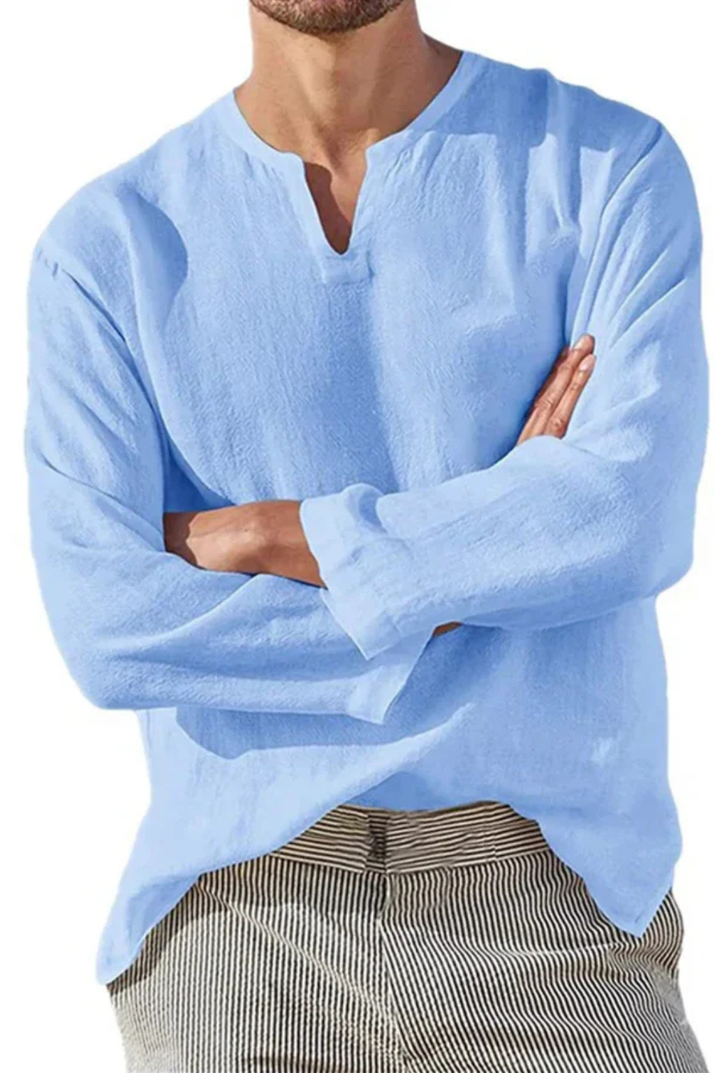 Men's Linen V Neck Long Sleeve Casual Shirt - Lightweight, Breathable Fabric for Everyday Wear