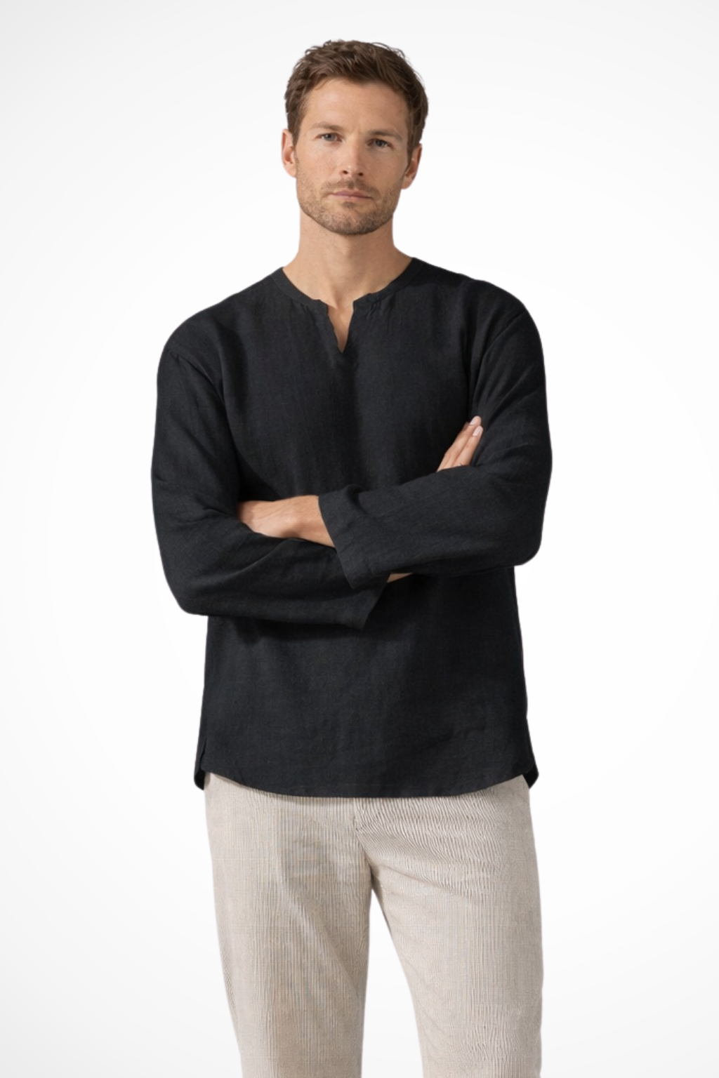 Men's Linen V Neck Long Sleeve Casual Shirt - Lightweight, Breathable Fabric for Everyday Wear